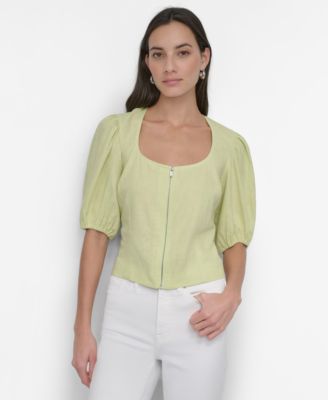 DKNY - Women's Zip-Front Puff-Sleeve Scoop-Neck Top