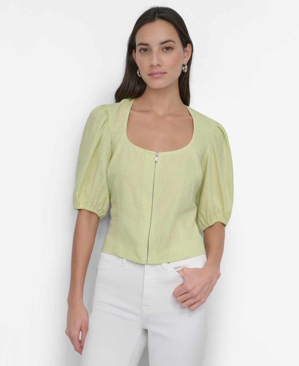Shop Dkny Women's Zip-front Puff-sleeve Scoop-neck Top In Tea Green