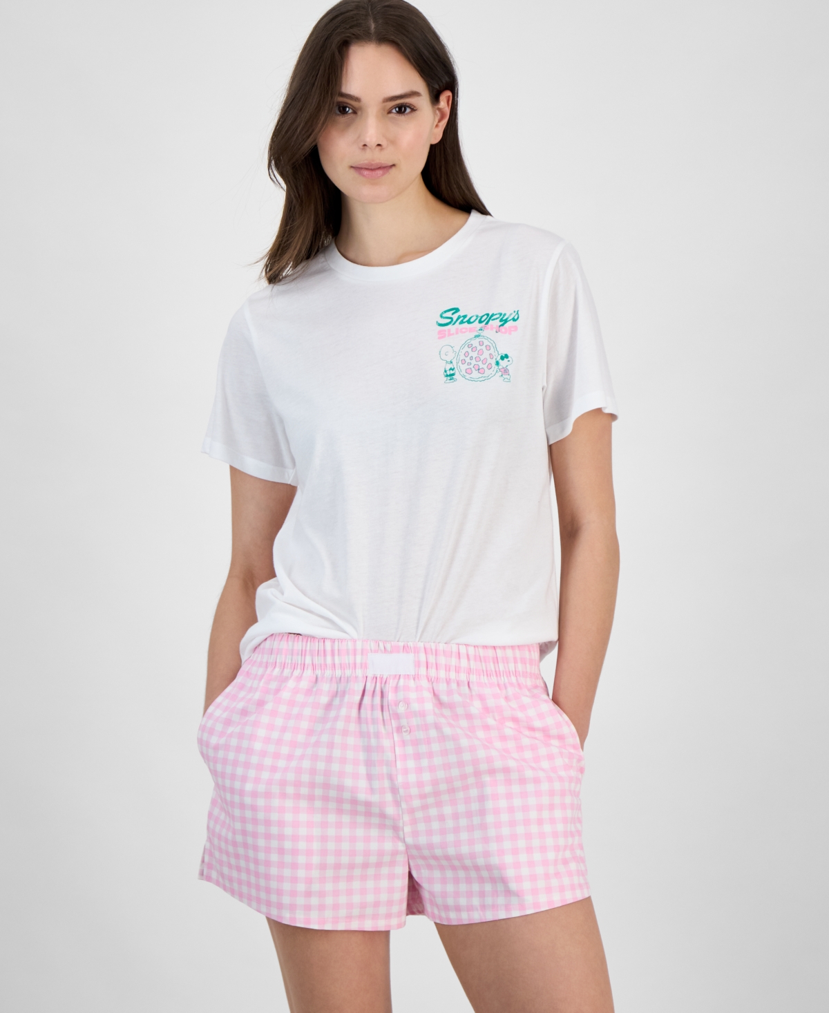 Juniors' Snoopy Slice Shop Graphic Print T-Shirt - White