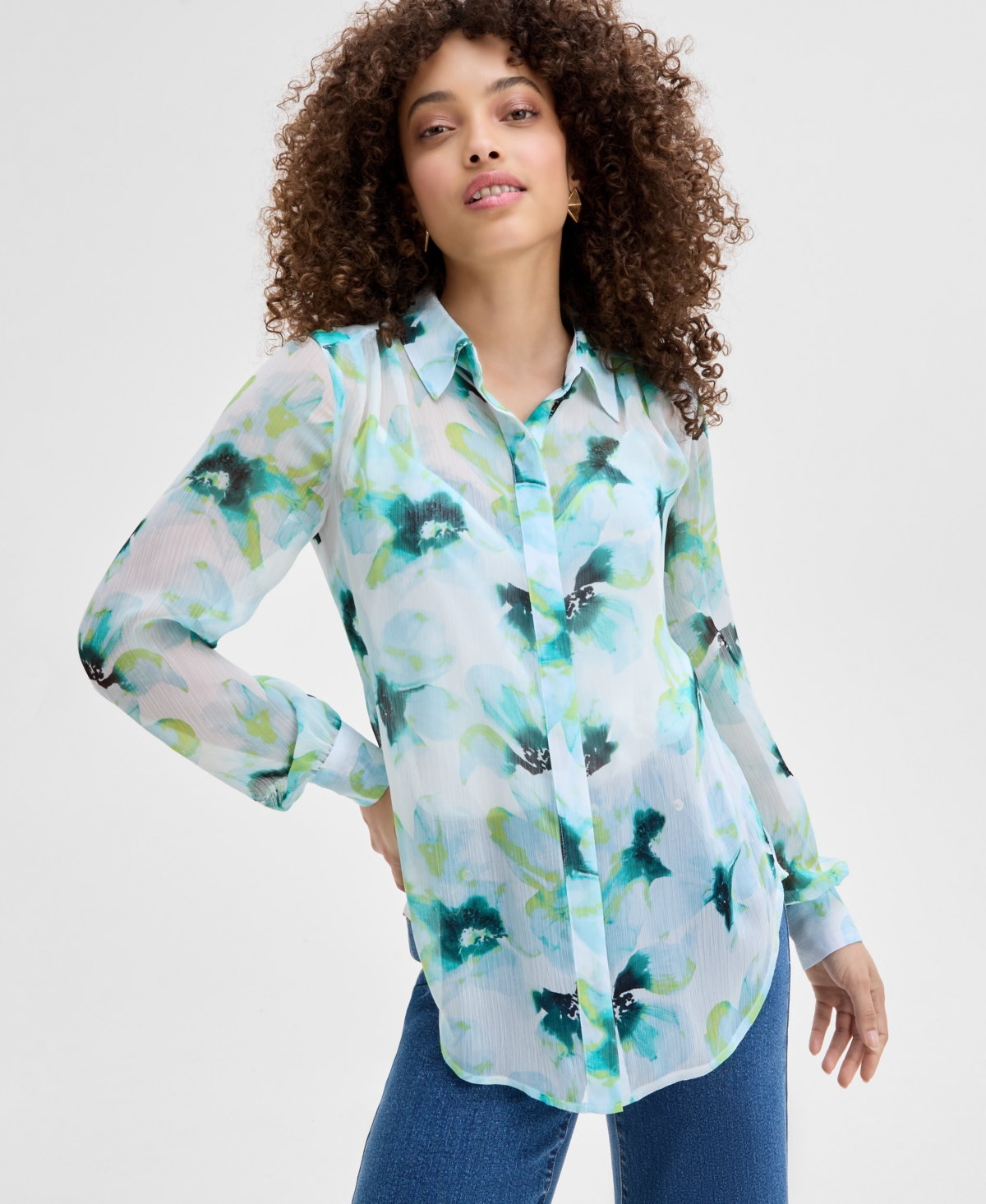 Petite Printed Long-Sleeve Blouse, Exclusively at Macy's - Leah Bloom