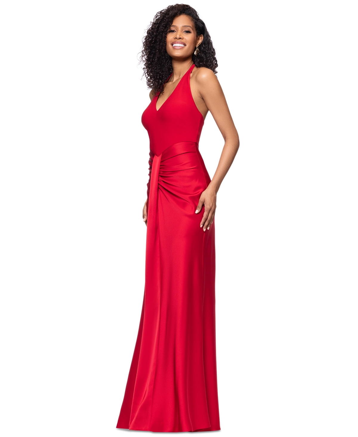 BETSY & ADAM WOMEN'S RUCHED HALTER GOWN 