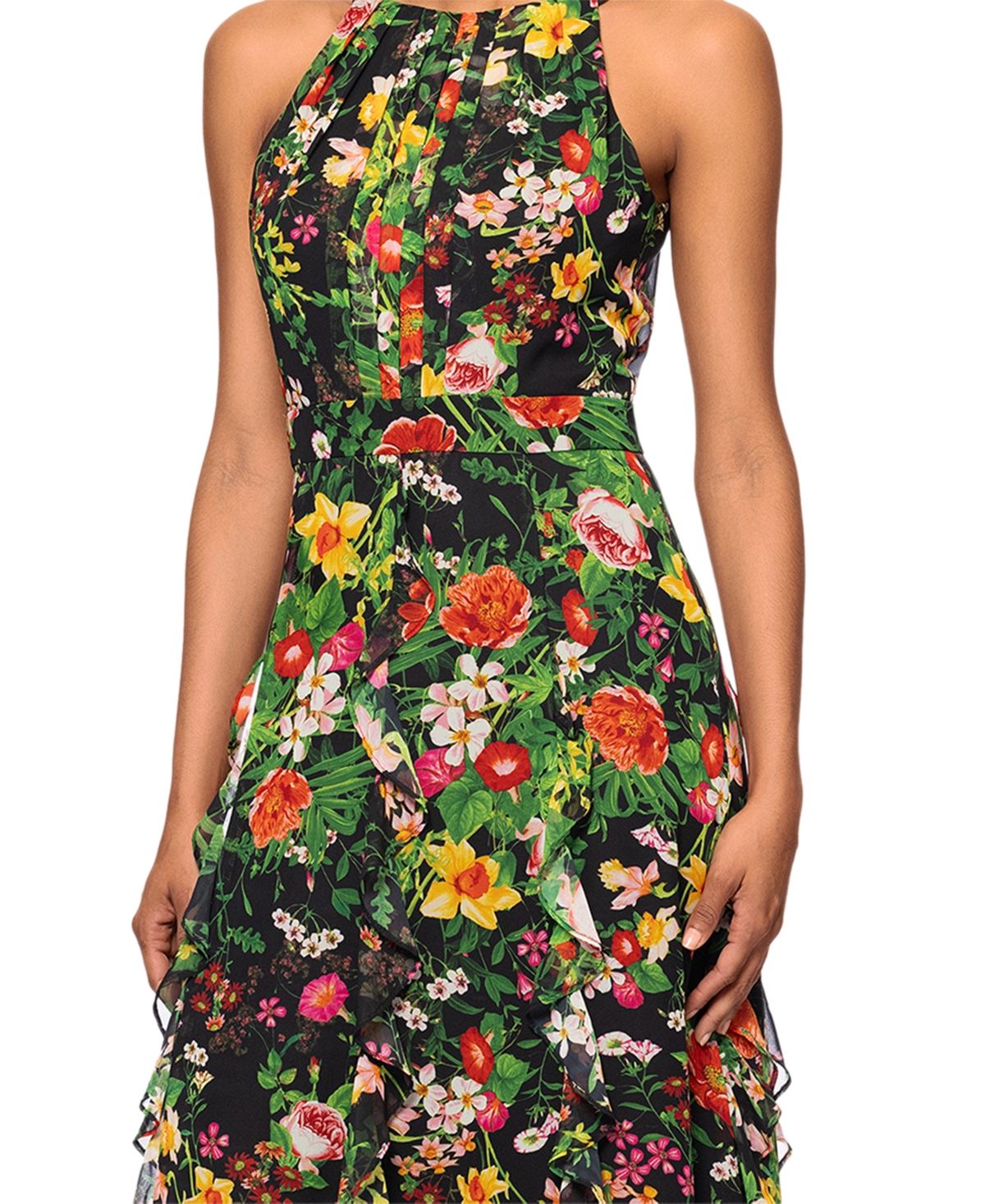 Shop Betsy & Adam Women's Floral-print Ruffled Halter Gown In Black,red