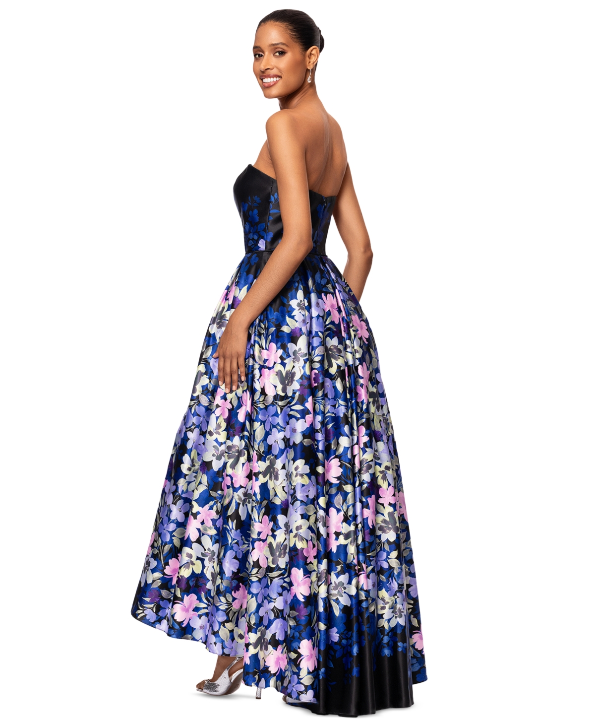 Betsy & Adam Women's Floral-print Strapless Ball Gown In Black,blue