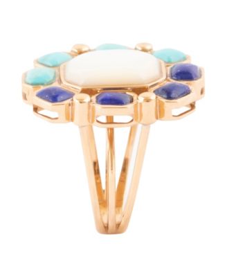 Dual Color Blue Lapis Turquoise and White Mother of Pearl Golden Octagon Ring