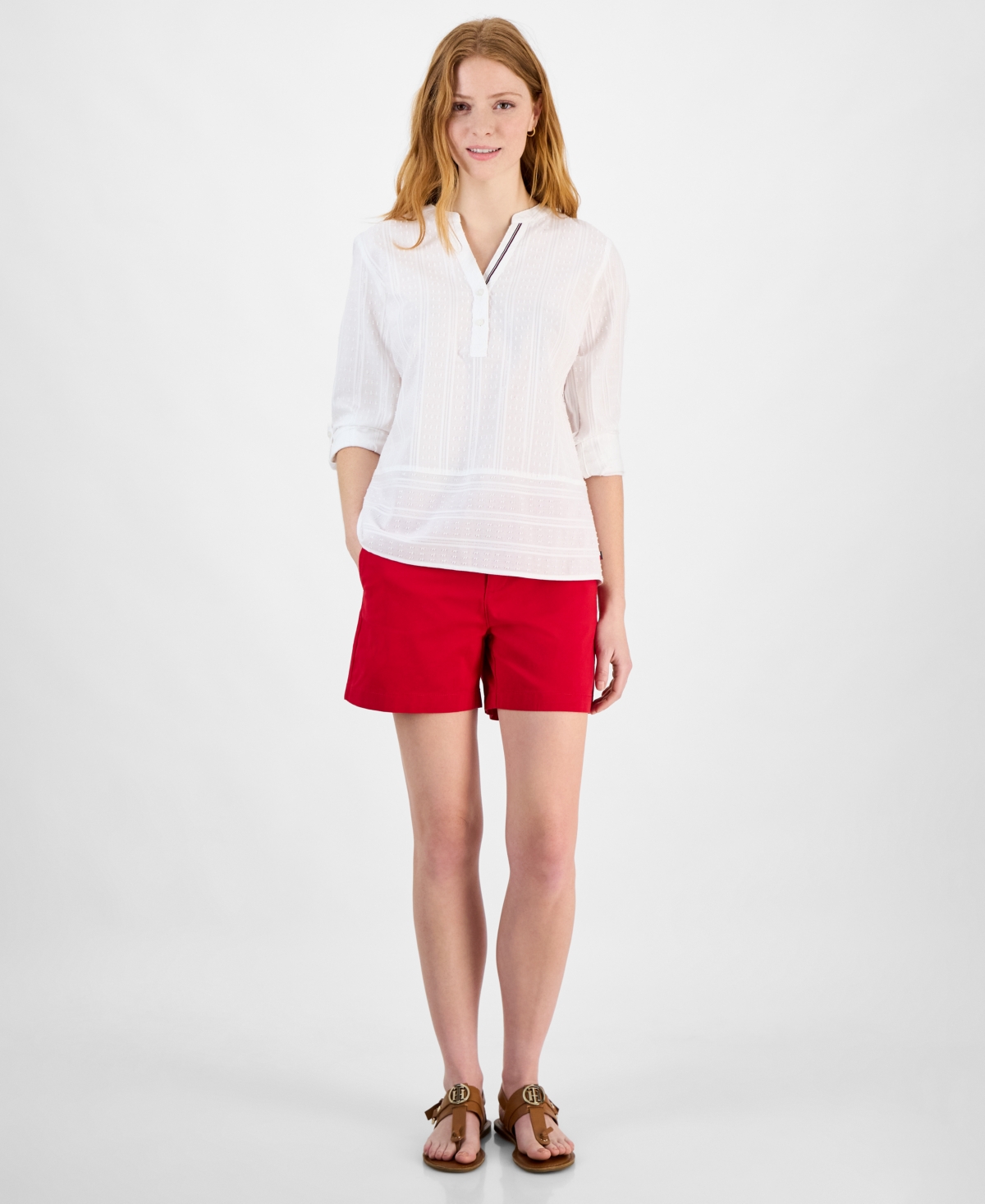 Tommy Hilfiger Women's Clip-dot Stripe Split-neck Top In Bright White