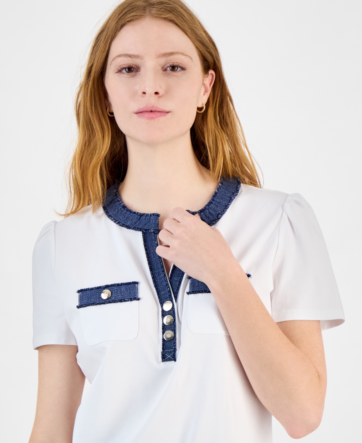 TOMMY HILFIGER WOMEN'S DENIM-TRIM SPLIT-NECK KNIT TOP 
