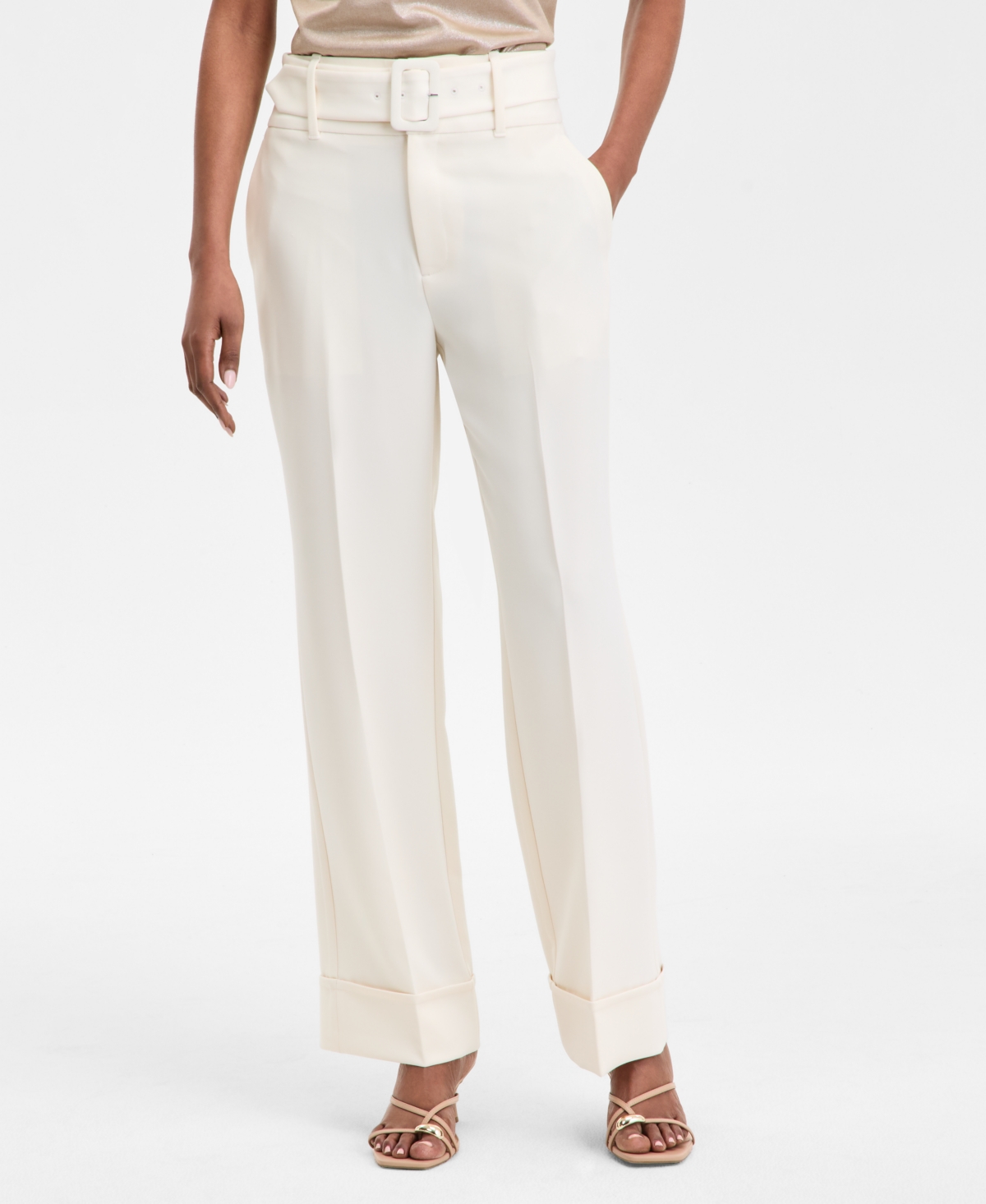 Inc International Concepts Women's High-rise Belted Cuffed Pants, Exclusively At Macy's In Vintage Cr