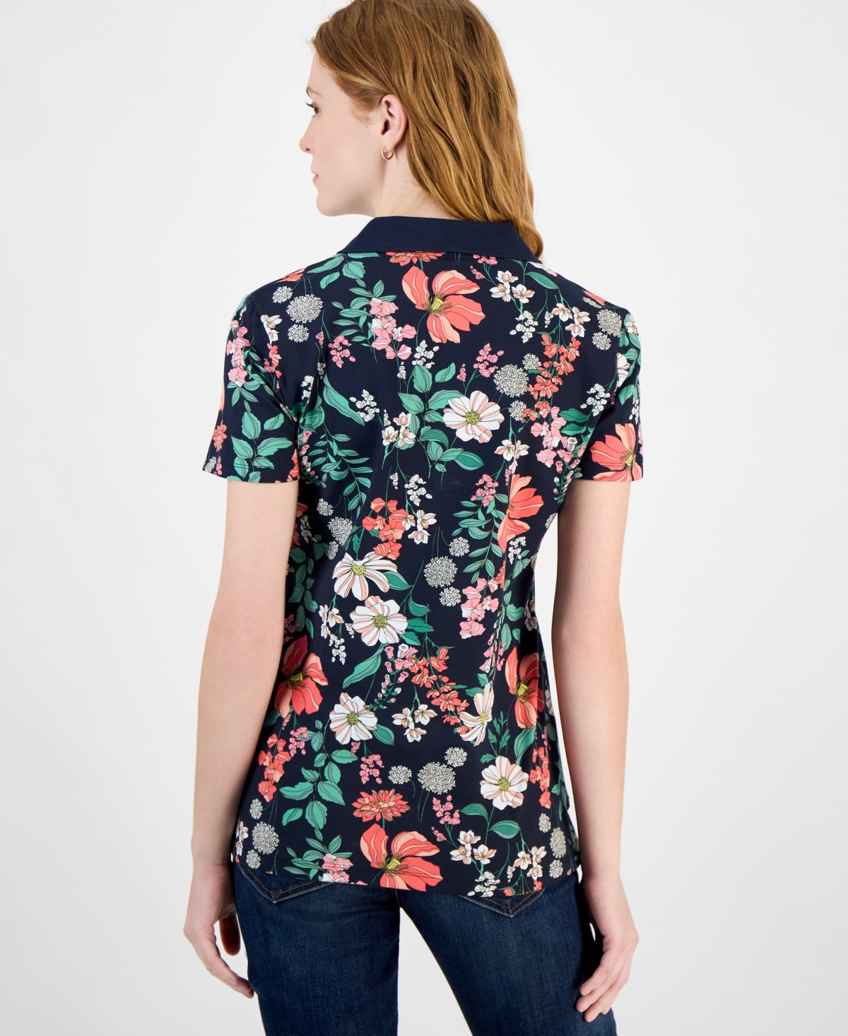 Tommy Hilfiger Women's Floral-print Polo Shirt In Blue