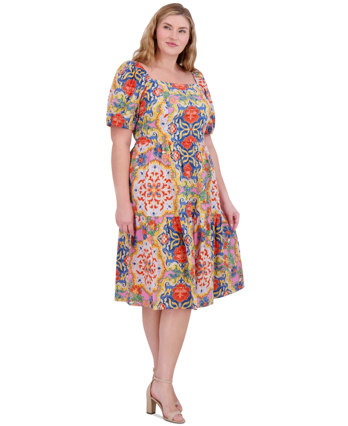 Vince Camuto Plus Size Floral-print Square-neck Dress In Mul