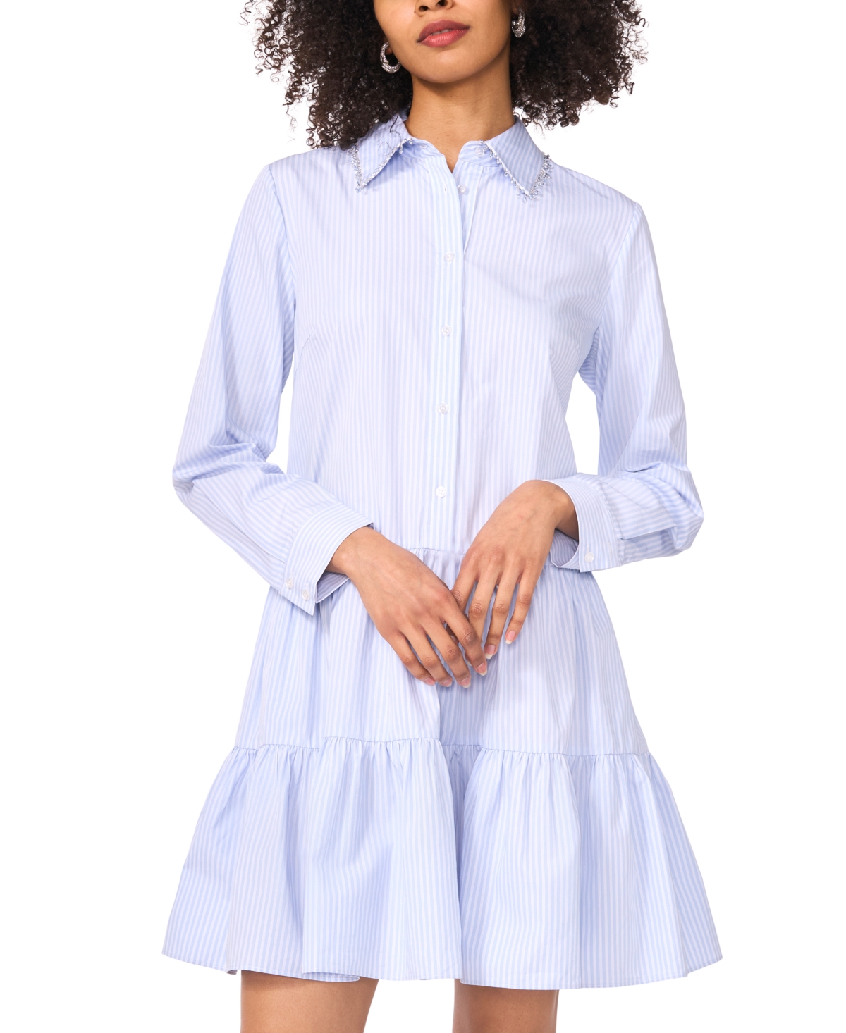 1.state Women's Embellished-collar Tiered Cotton Dress In Windward Blue