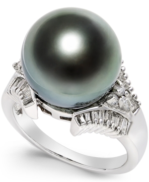 image of Cultured Tahitian Black Pearl (13mm) and Diamond (3/5 ct. t.w.) Ring in 14k White Gold