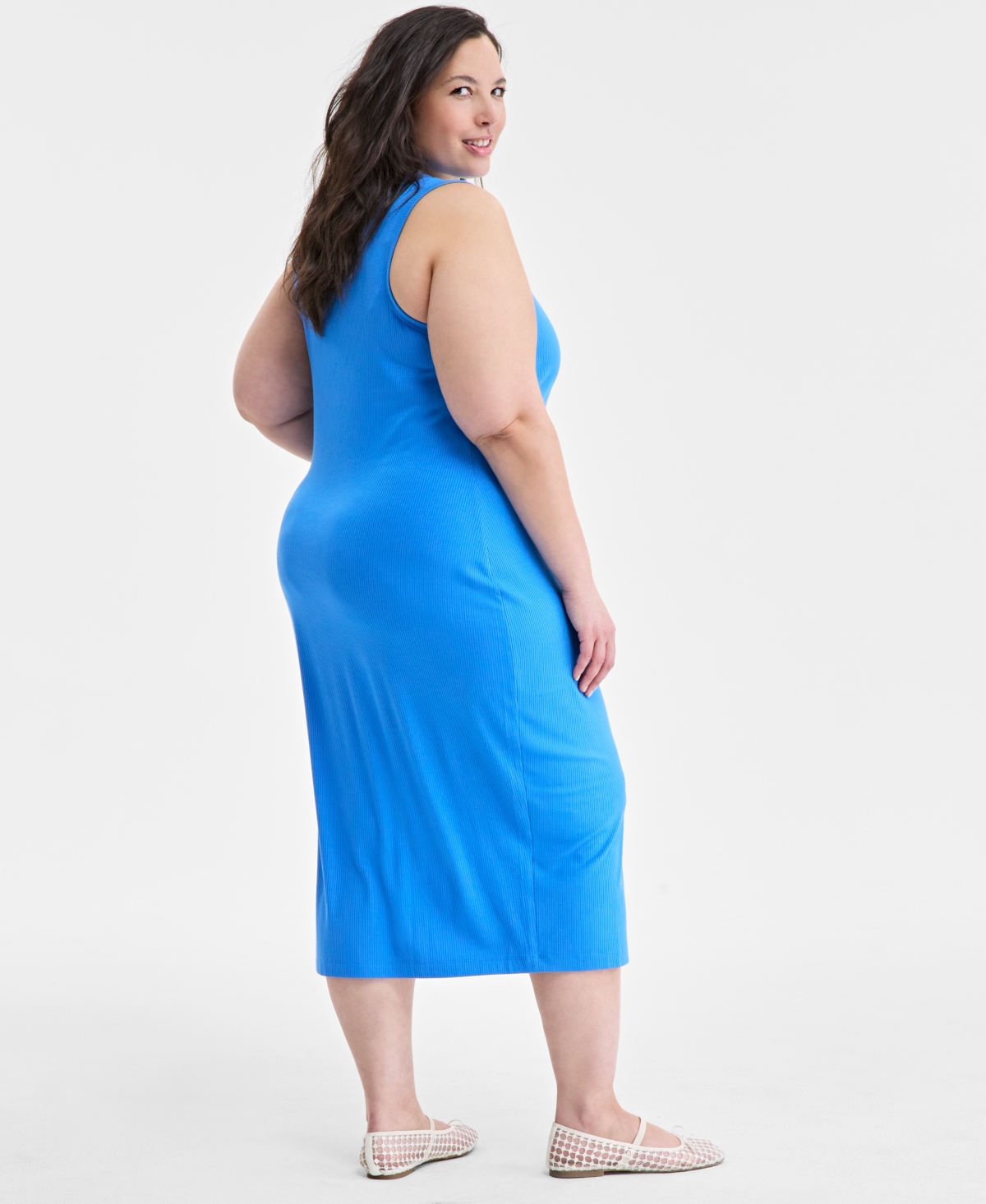 On 34th Trendy Plus Size Rib-knit Midi Tank Dress, Created For Macy's In Beach Blue