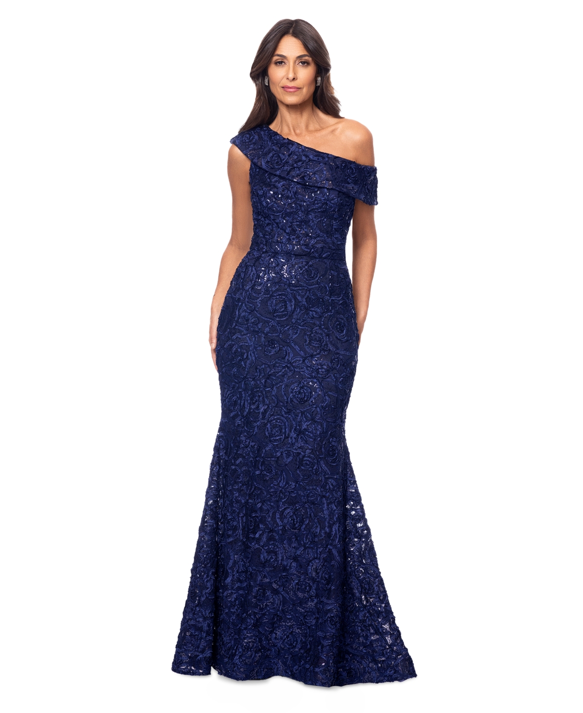 Women's Sequined Lace One-Shoulder Gown - Navy