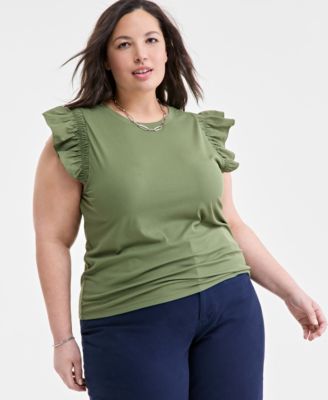 On 34th - Trendy Plus Size Crewneck Flutter-Sleeve Top