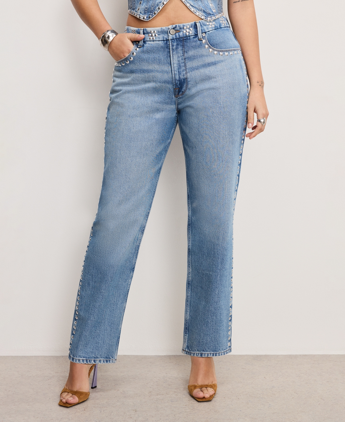 GOOD AMERICAN WOMEN'S GOOD ICON STUDDED STRAIGHT-LEG JEANS 