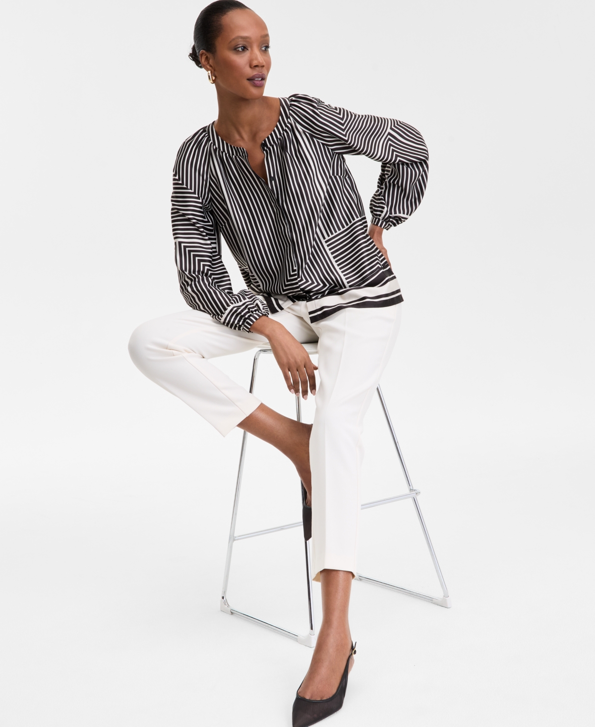 Inc International Concepts Women's Geo-print Split-neck Blouse, Exclusively At Macy's In Tyra Strip
