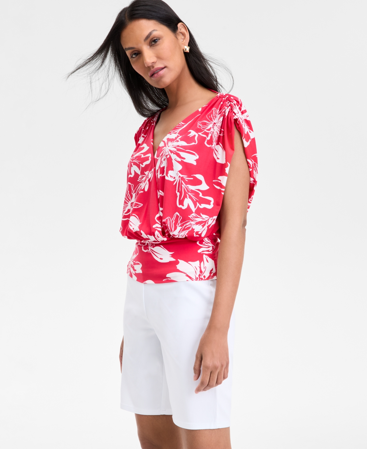 Inc International Concepts Inc Plus Size Printed Ruched Surplice-neck Top, Exclusively At Macy's In Freyabloom