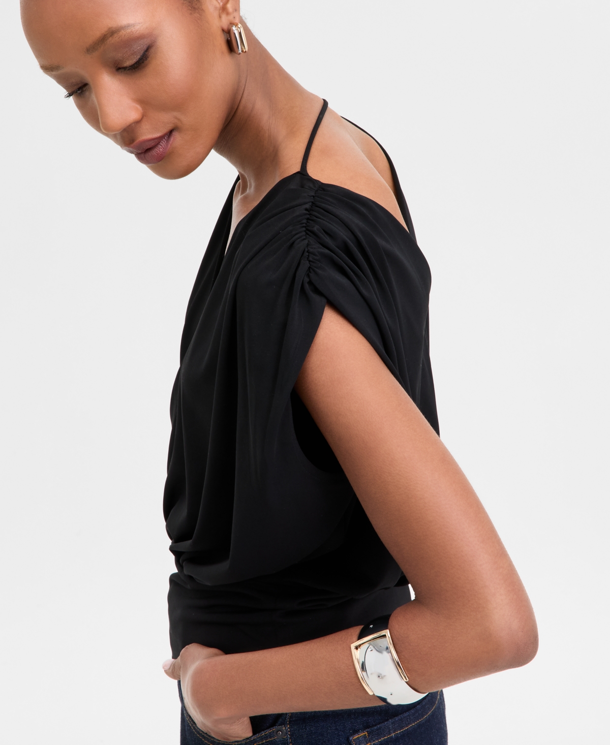 Inc International Concepts Petite Surplice-neck Sleeveless Top, Exclusively At Macy's In Deep Black
