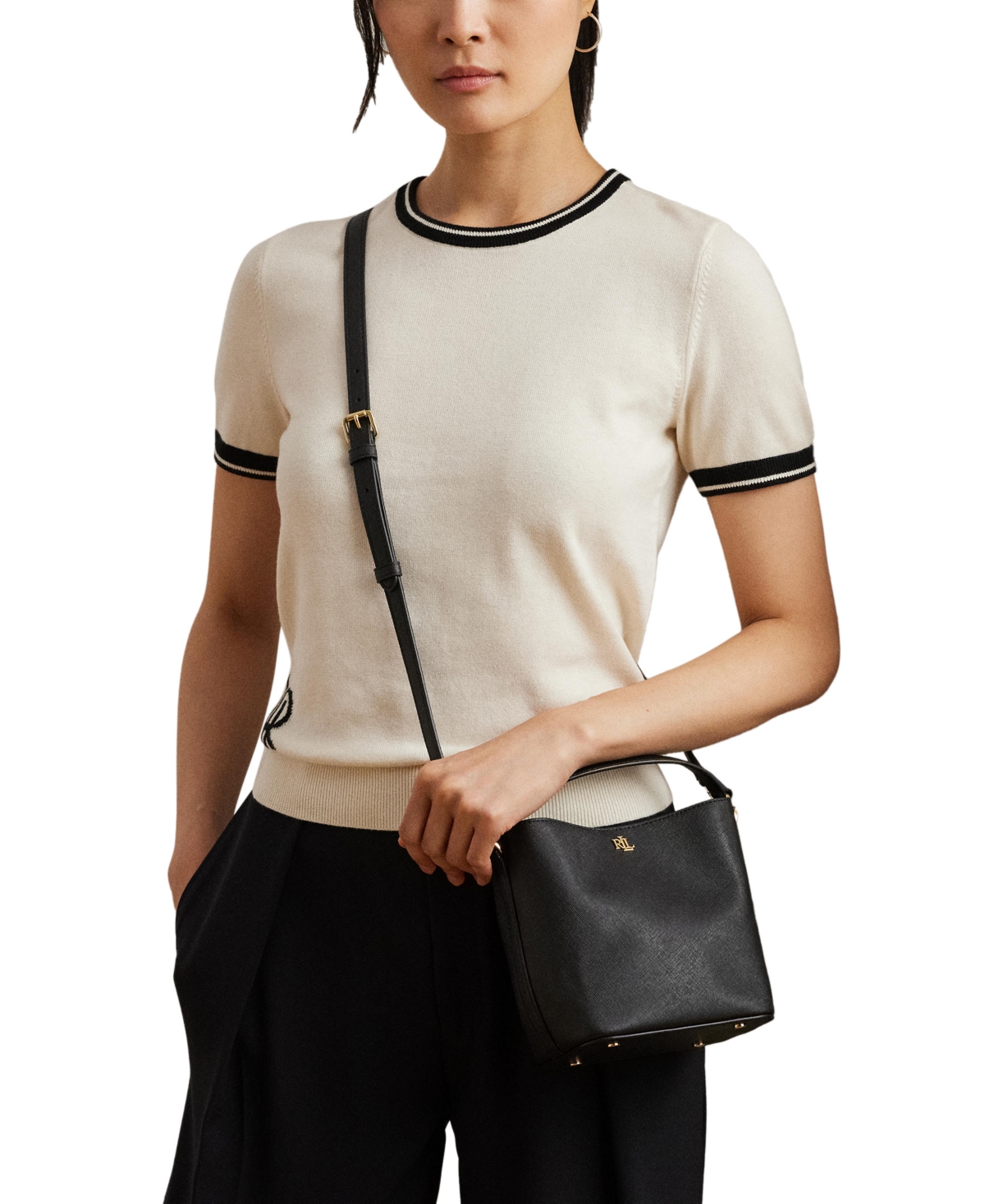 Ralph Lauren Crosshatch Leather Mini Reese Bucket Bag In Black