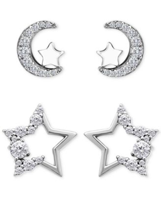 Cubic Zirconia Half Moon & Star 2-Pc. Set Stud Earrings (1-3/8 ct. t.w.) in 18k Gold over Sterling Silver, Exclusively at Macy's 