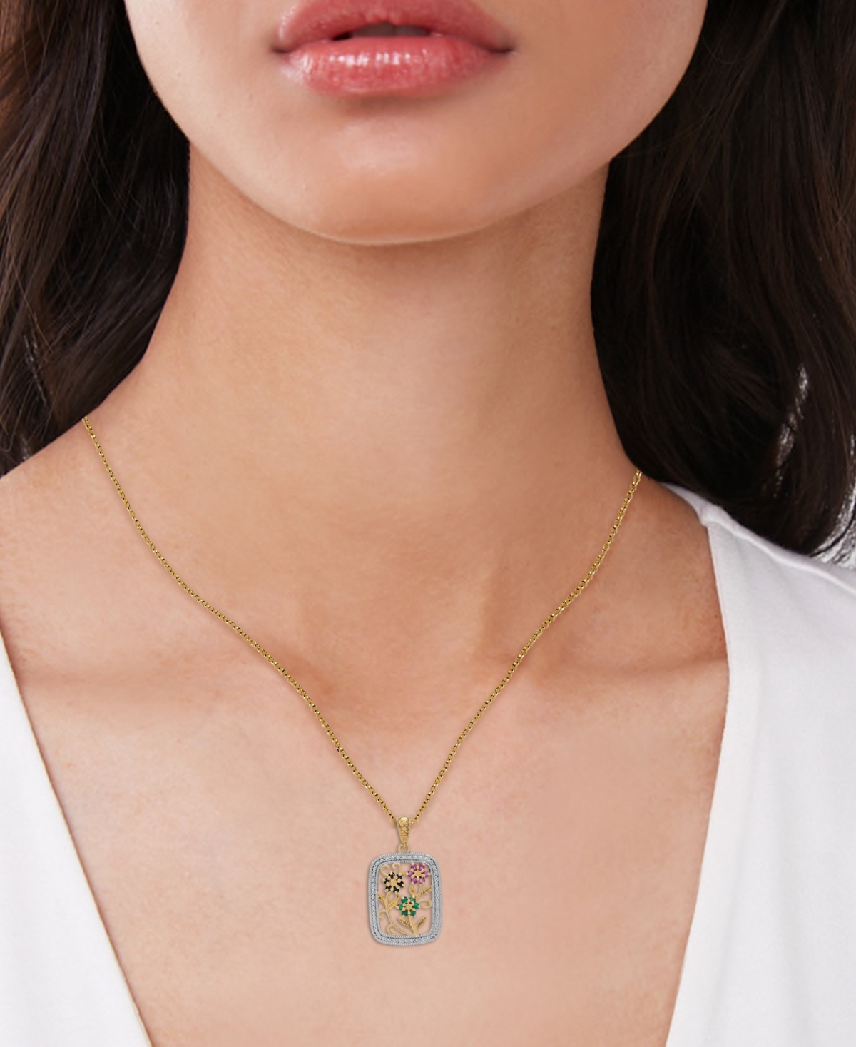 MACY'S MULTI-GEMSTONE TRIPLE FLOWER 18" PENDANT NECKLACE (3/8 CT. T.W.) IN TWO-TONE STERLING SILVER 