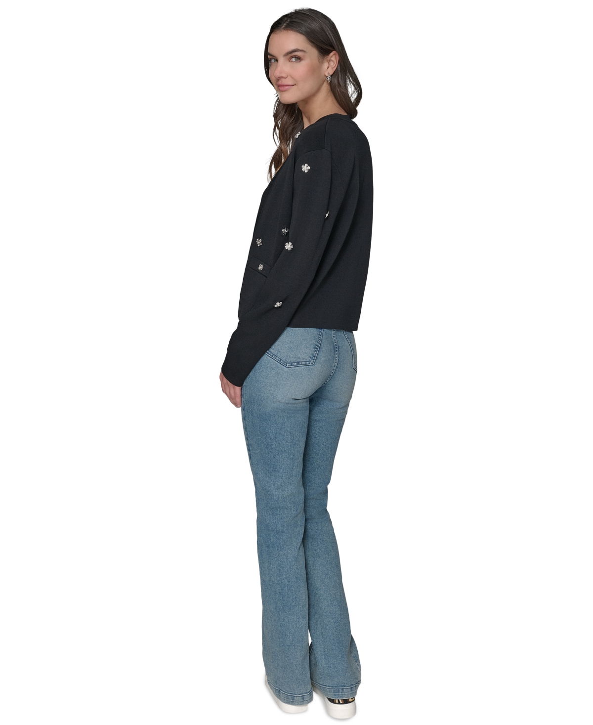 Shop Karl Lagerfeld Women's Floral-rhinestone Cardigan In Black