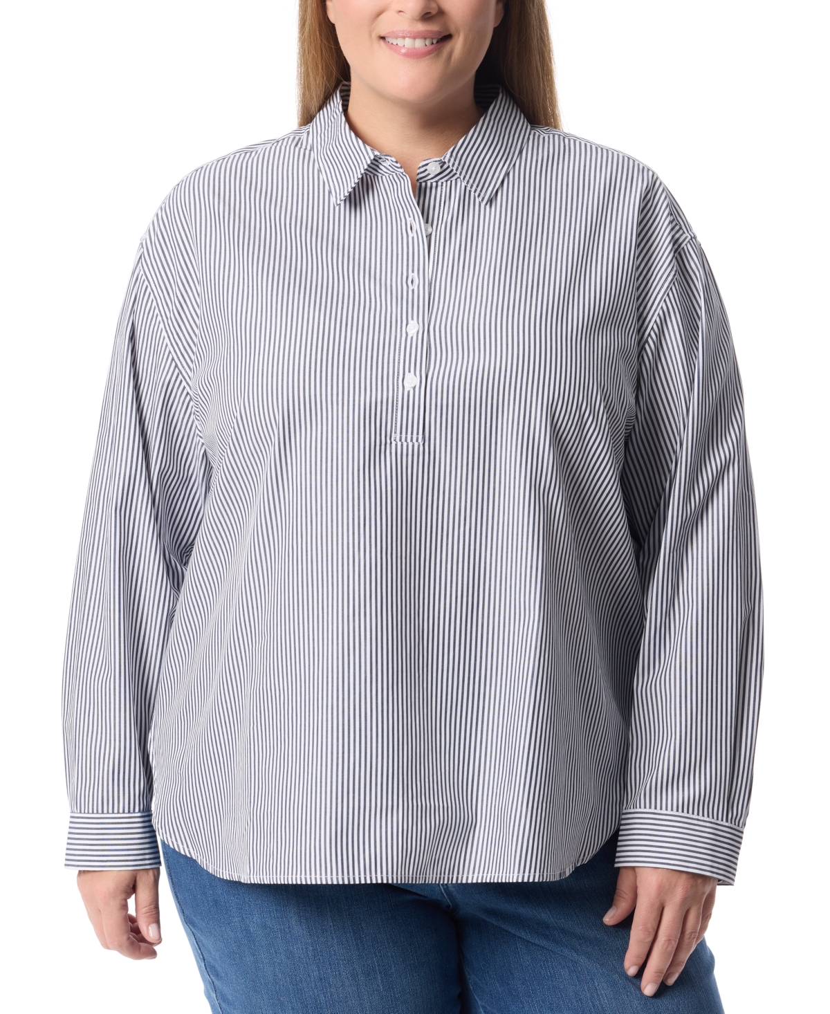 Plus Size Amanda Popover Blouse - Naval Stripe Flaxen Wheet