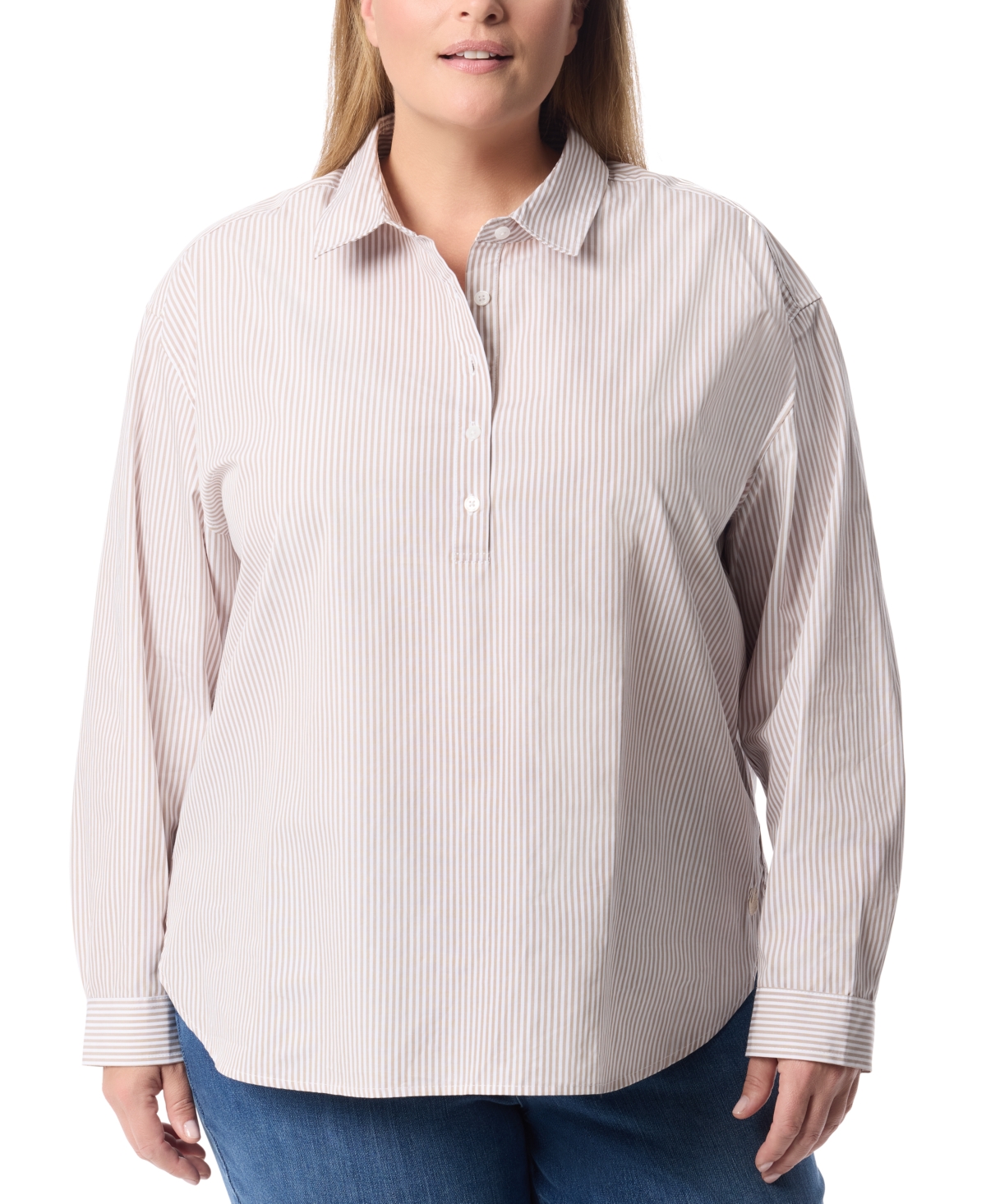 Gloria Vanderbilt Plus Size Amanda Popover Blouse In Naval Stripe Flaxen Wheet