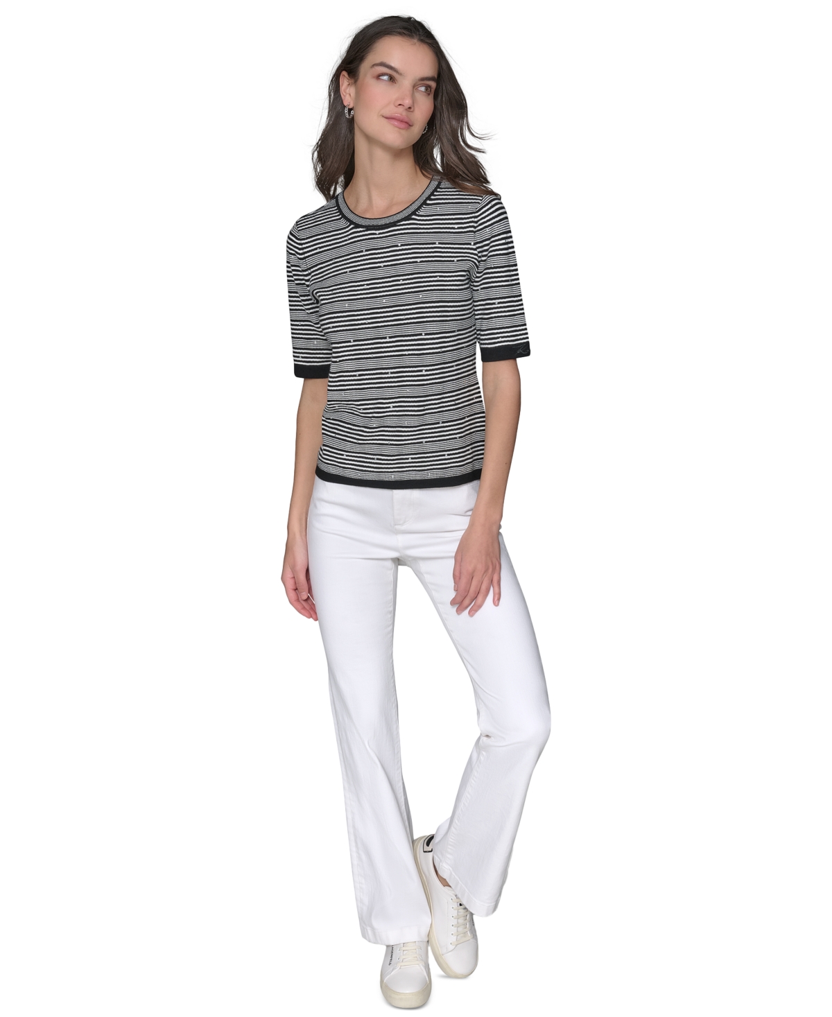 Shop Karl Lagerfeld Women's Embellished Stripe Short-sleeve Sweater In Black  White