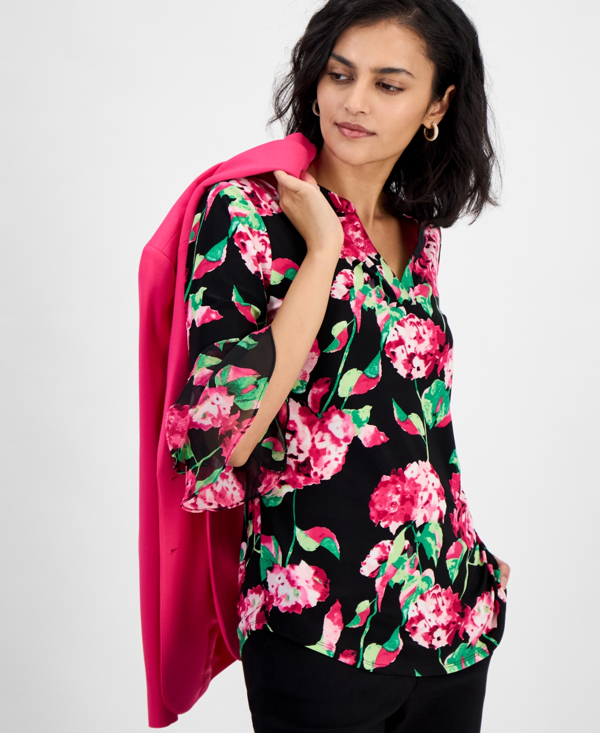 Kasper Women's Floral Split-neck 3/4-flutter Sleeve Top, Regular & Petite Sizes In Black Multi