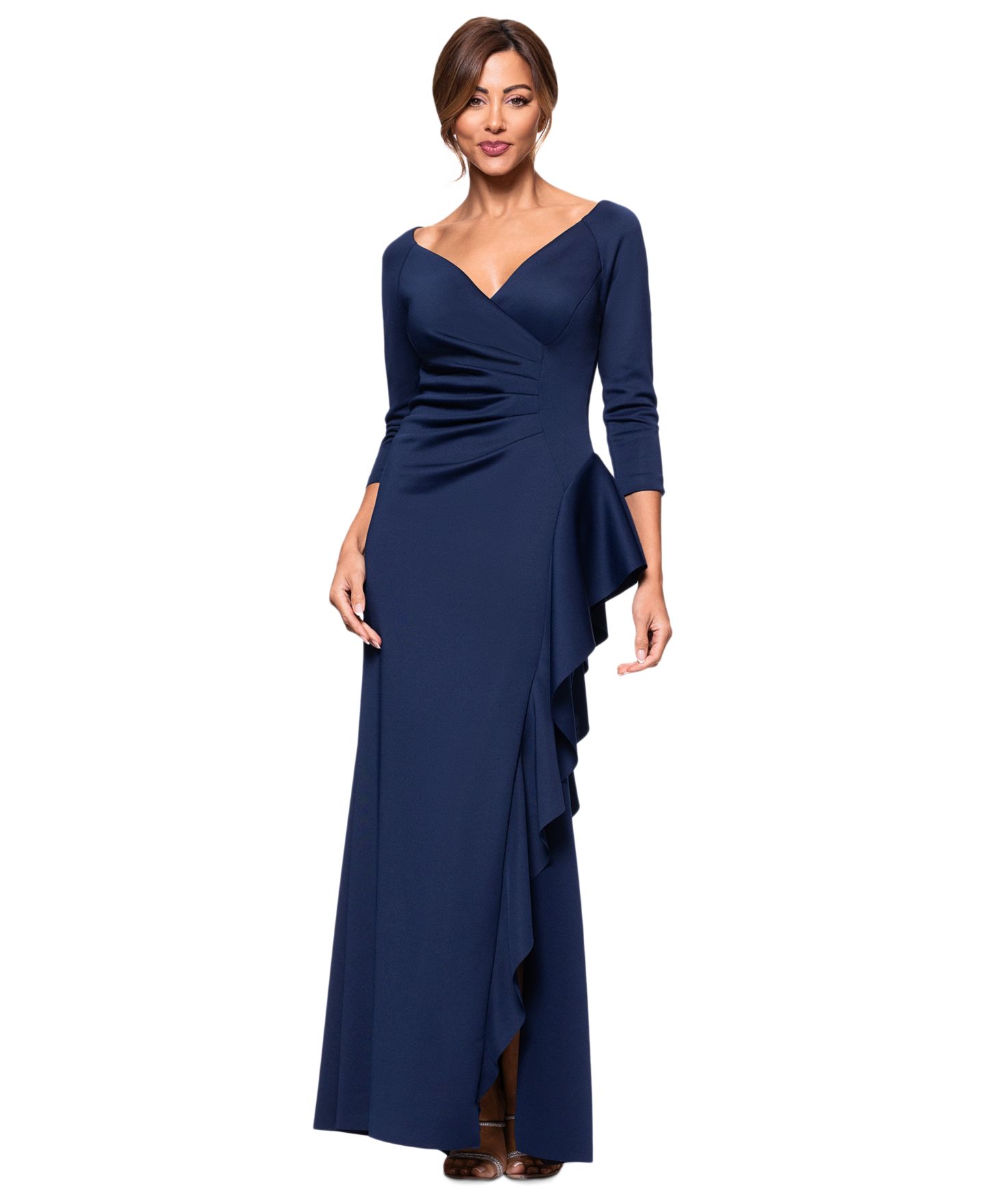 Женское платье XSCAPE V-Neck Ruffled Side-Slit Scuba Gown, цвет: Чёрный — фото 1