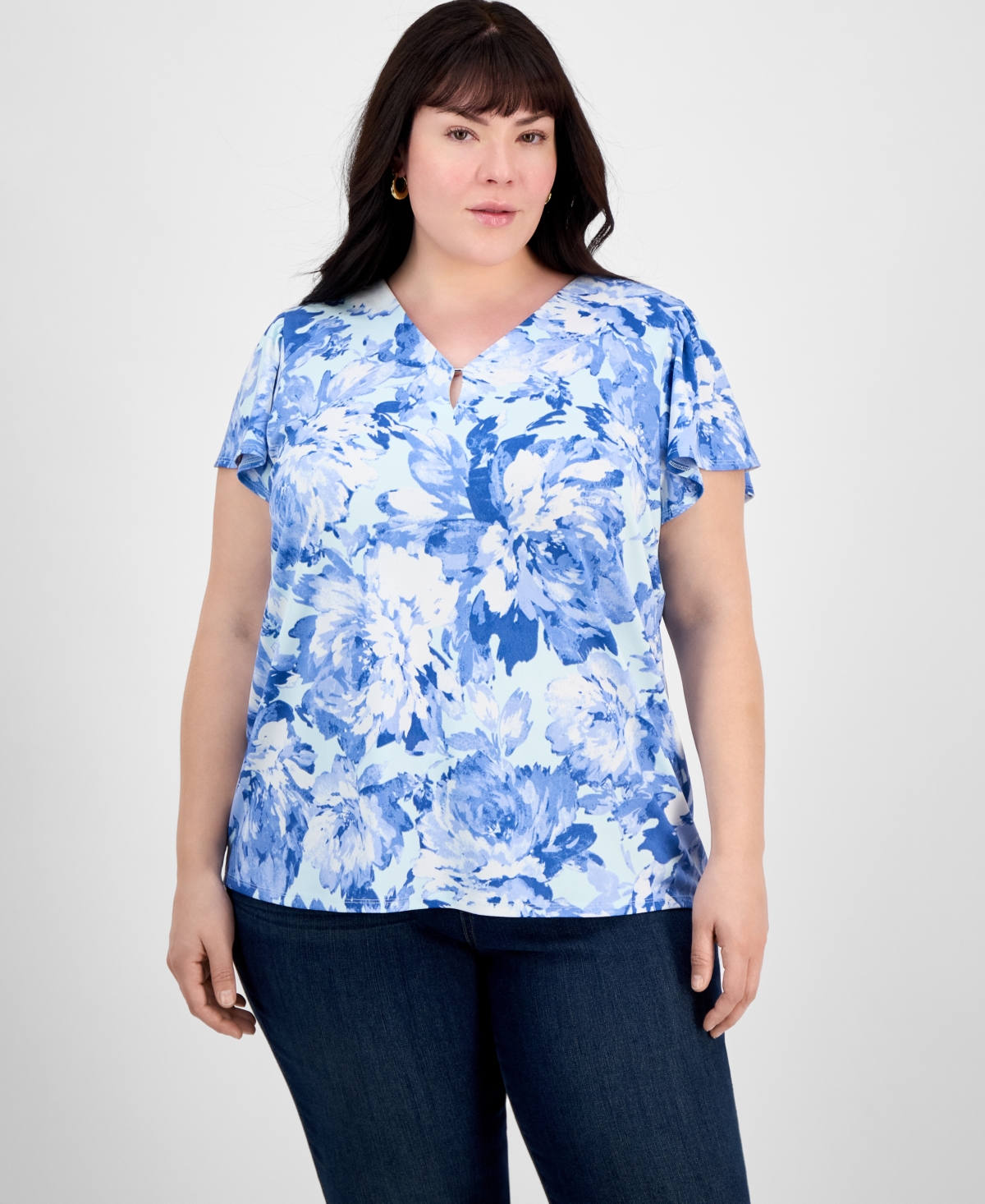 Plus Size Floral-Print Flutter-Sleeve Top - Soft Seaglass Multi