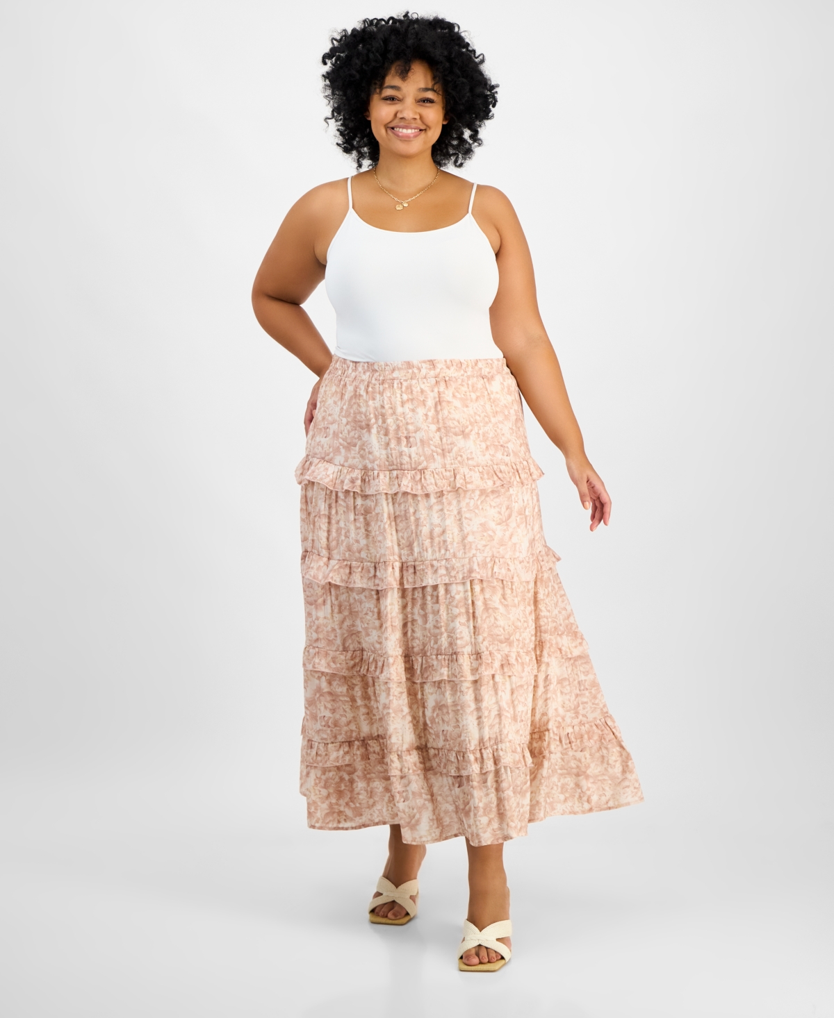 Trendy Plus Size Tiered Floral Maxi Skirt, Exclusively at Macy's - Pink Floral