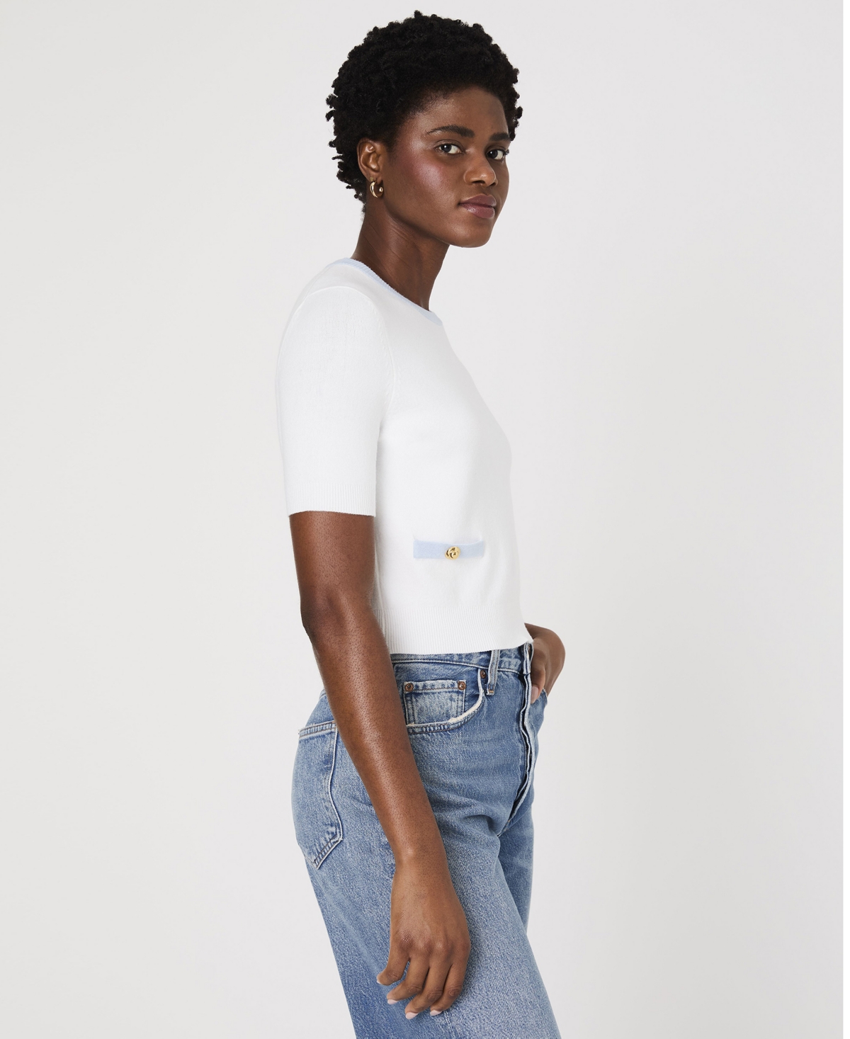 French Connection Babysoft Short Sleeve Sweater In Summer White,sky Blue