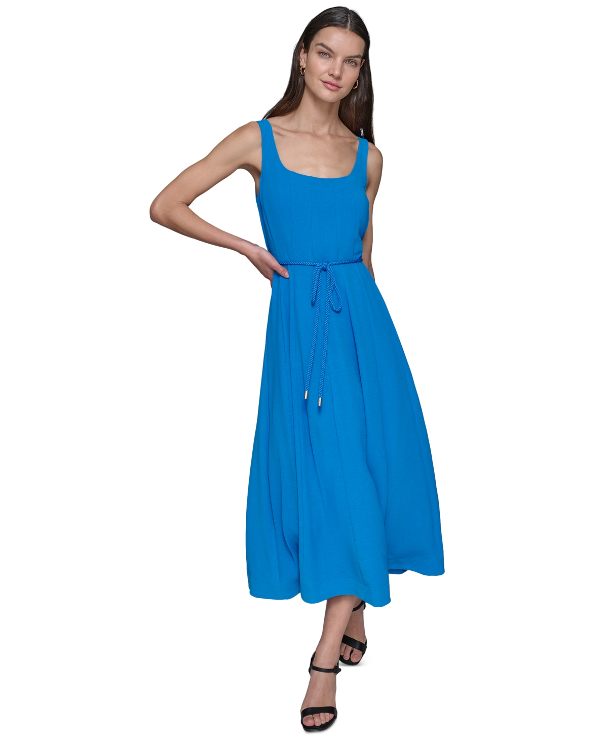 Shop Karl Lagerfeld Women's Scoop-neck Belted Sleeveless Midi Dress In Frnch Blue