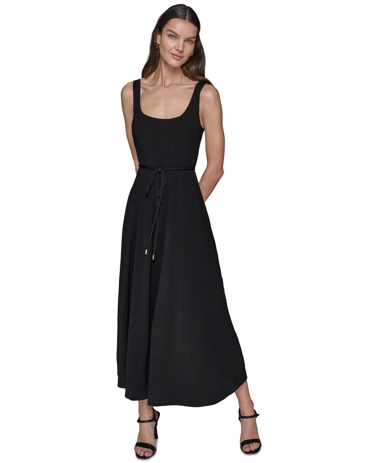 Women's Scoop-Neck Belted Sleeveless Midi Dress