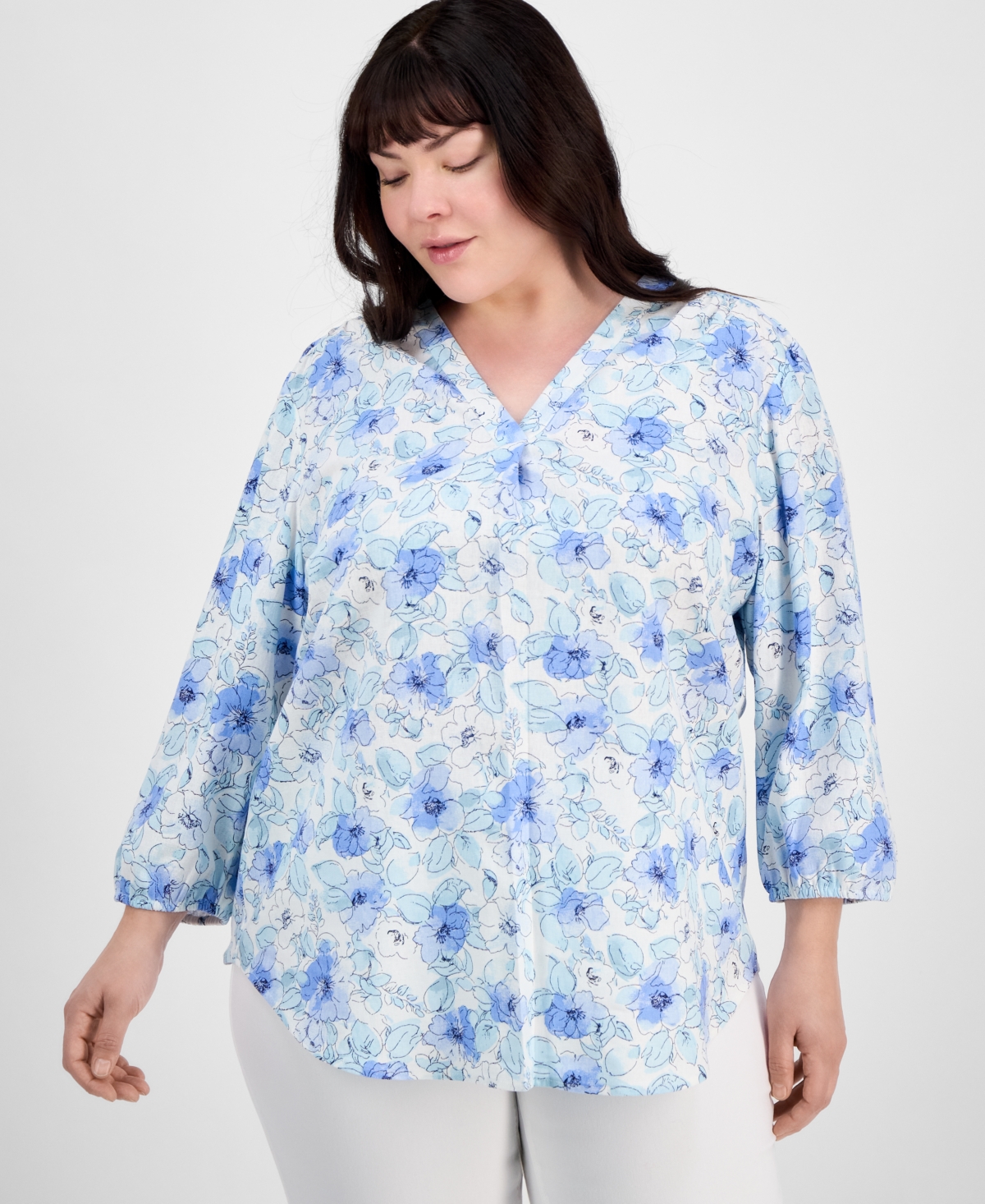 Shop Jones New York Plus Size Floral-print Linen-blend Tunic In Nyc White