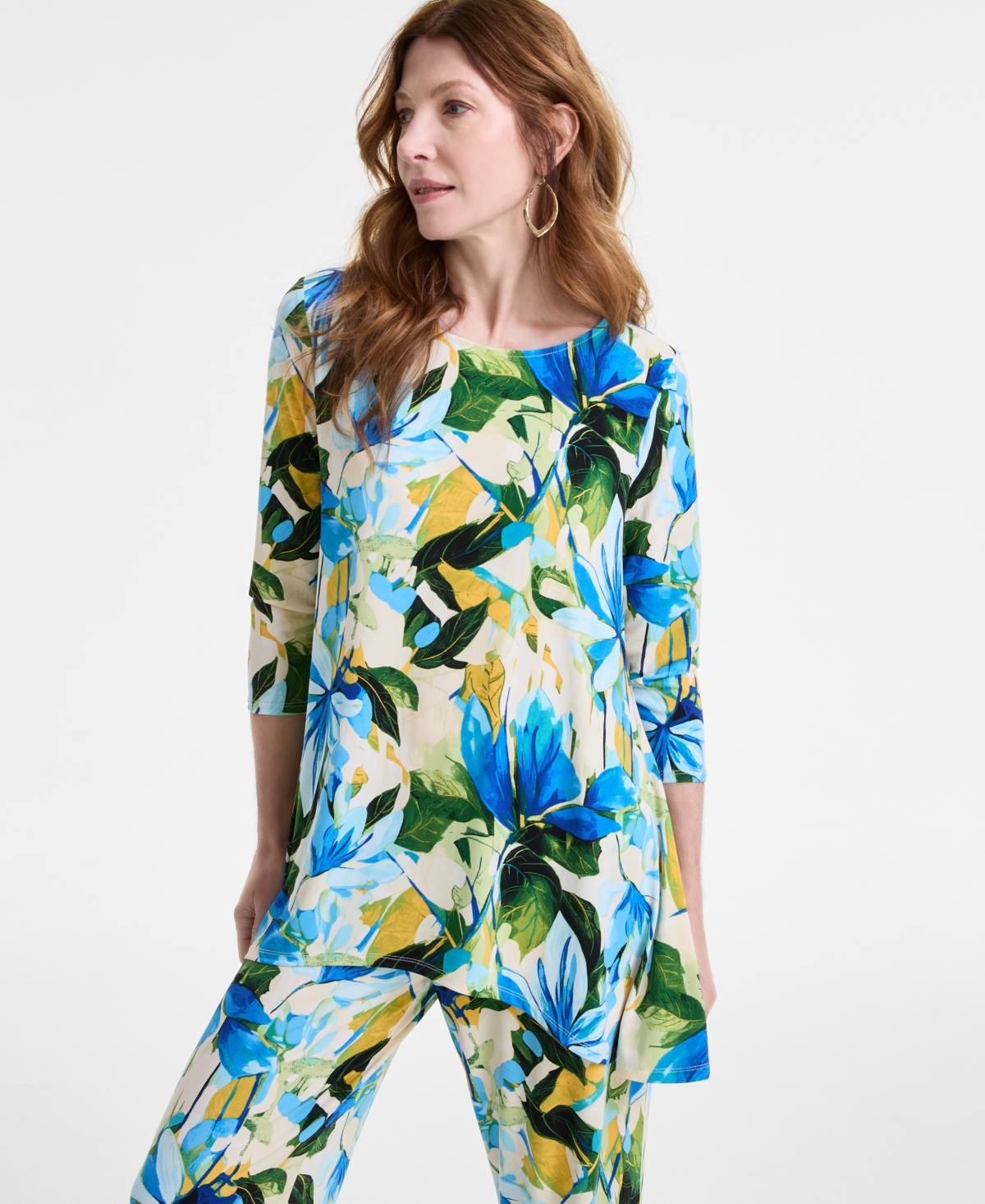 Jm Collection Plus Size Printed High-low Swing Top, Exclusively At Macy's In Beige Creme