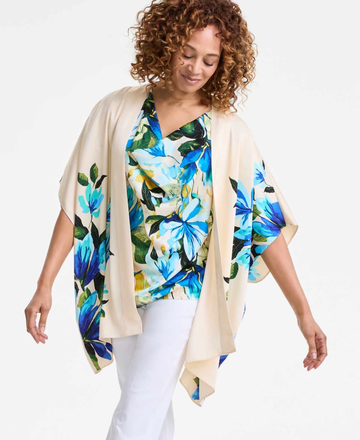 JM COLLECTION WOMEN'S PRINTED SATIN OPEN-FRONT KIMONO TOP, EXCLUSIVELY AT MACY'S 