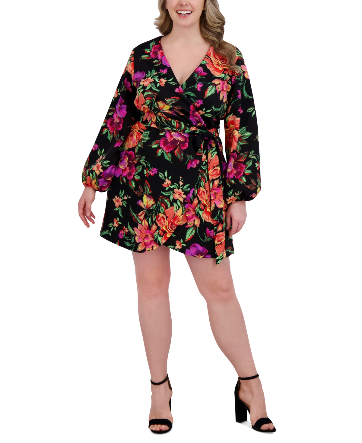 Plus Size Printed Blouson-Sleeve Faux-Wrap Dress - Black Multi