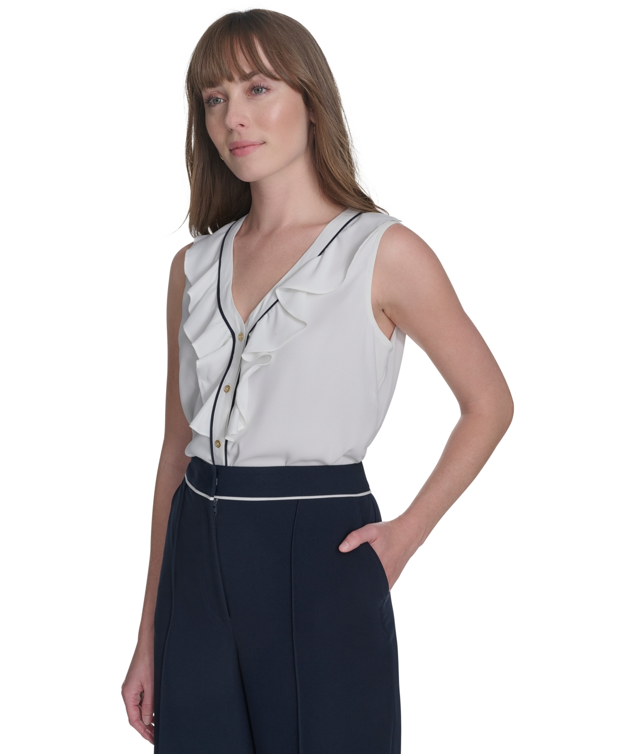 Tommy Hilfiger Women's Ruffle Contrast-tipped Blouse In Ivory,midnight