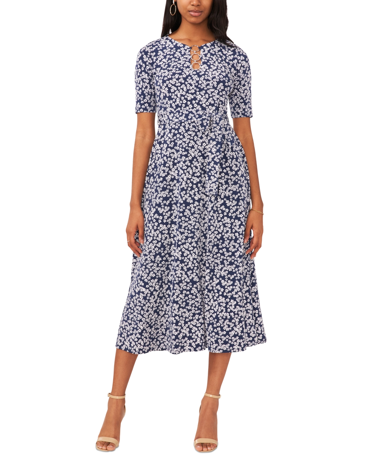 Petite Printed Ring Short-Sleeve Midi Dress - Denim
