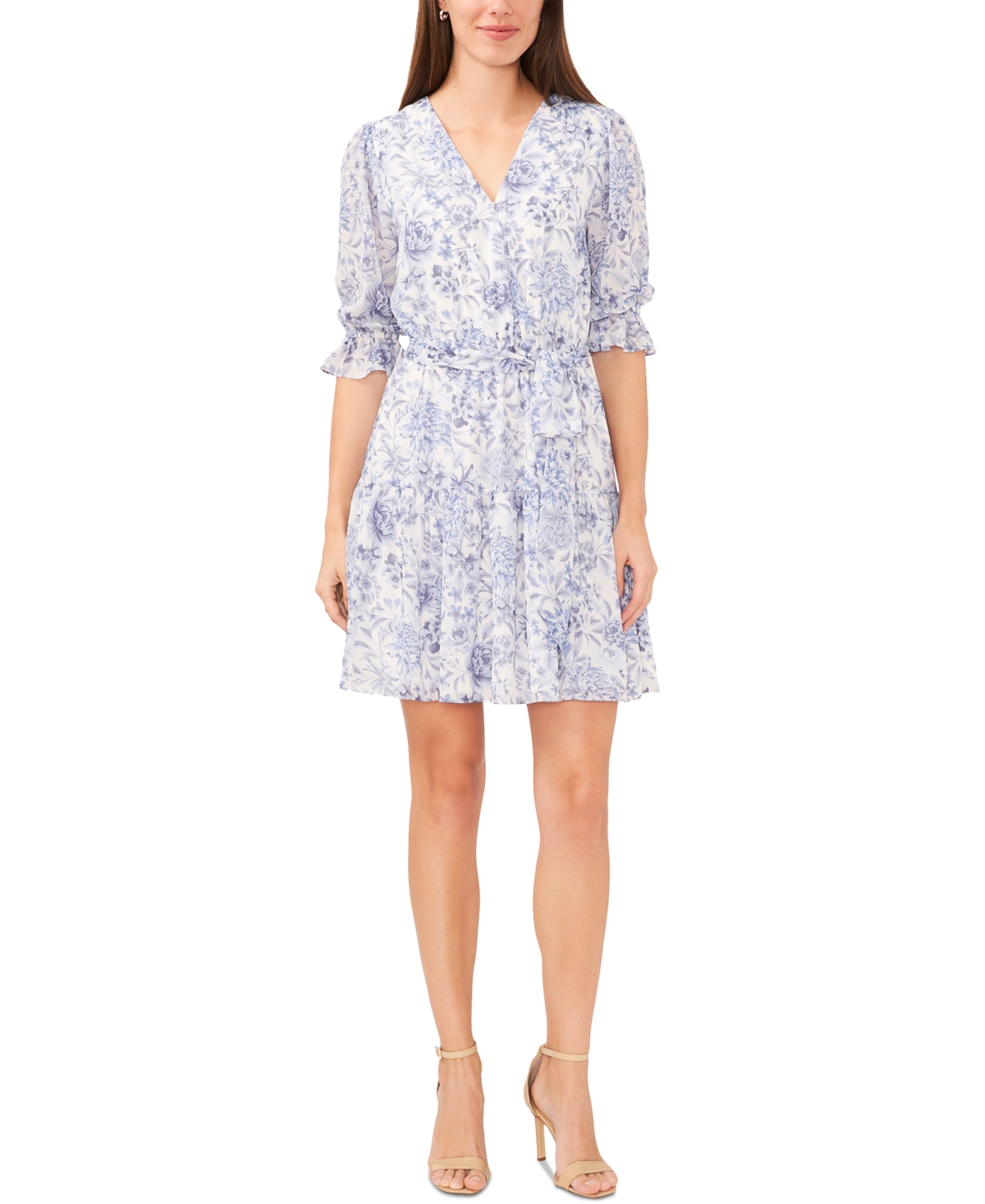 Msk Petite Floral Print Blouson-sleeve Fit & Flare Dress In Soft Indigo