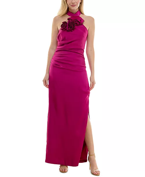 women's rosette-trim halter ruched side-slit gown