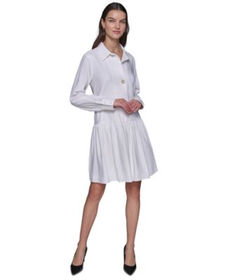 KARL LAGERFELD PARIS - Women's Collared Drop-Waist Long-Sleeve Shirtdress