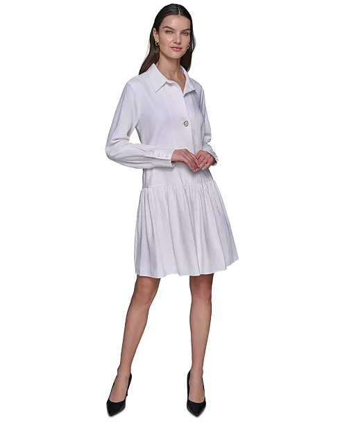 women's collared drop-waist long-sleeve shirtdress