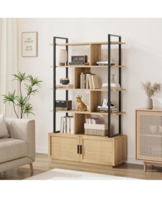 5 Tier Rattan Bookshelf with Storage Cabinet & Door, 71.1 Inch Tall Industrial Book Shelf with Open Display Shelves, 5 Shelf Bookcase with Metal Frame