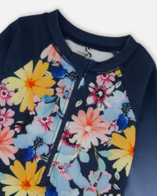 Girl Printed Long Sleeve Rashguard Navy And Yellow And Pink Flowers - Toddler|Child