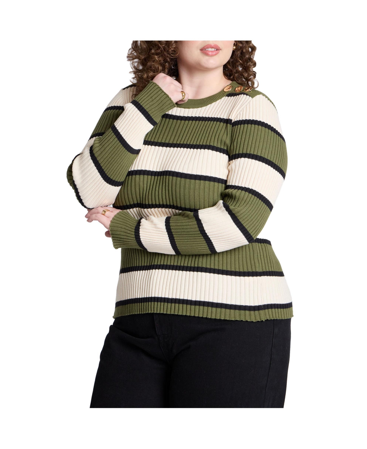 Women's Plus Size Hardware Detail Sweater - Dark moss stripes