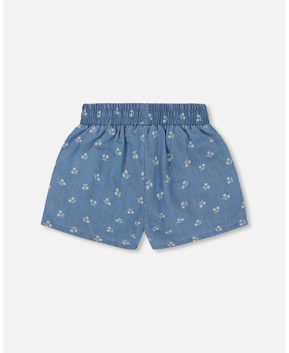 Deux par Deux Big Girls Printed Chambray Short Blue And White Cherries